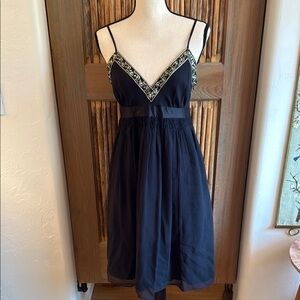 Banana Republic Silk Black Dress with Embellished Neckline, Empire Waist, Size 6